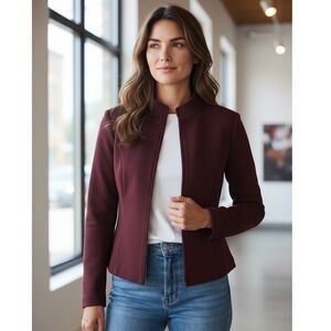 Charles Chang-Lima Womens Burgundy Zip Front Stand Collar Tailored Jacket NEW L